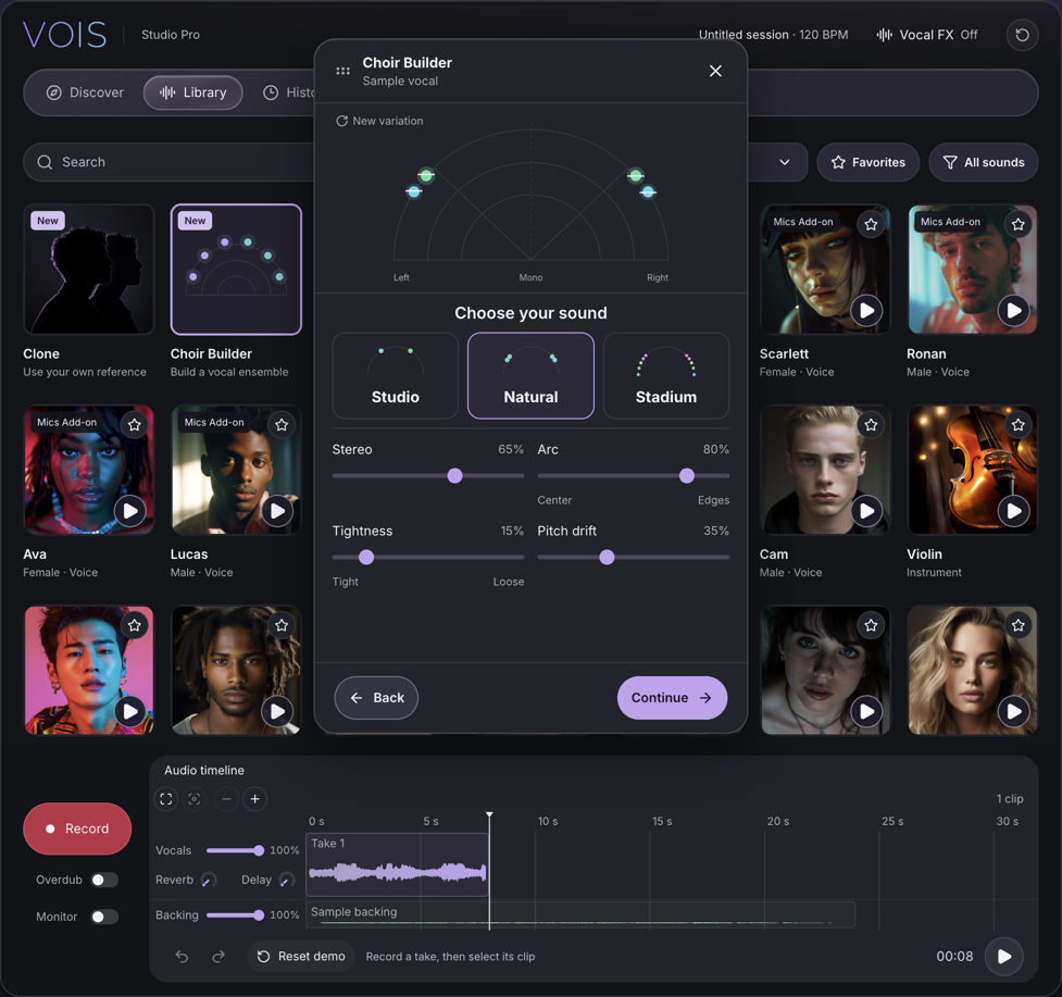 VOIS standalone interface with Clone and Choir Builder in the voice library, an open Choir soundstage, and vocal and backing clips on the timeline