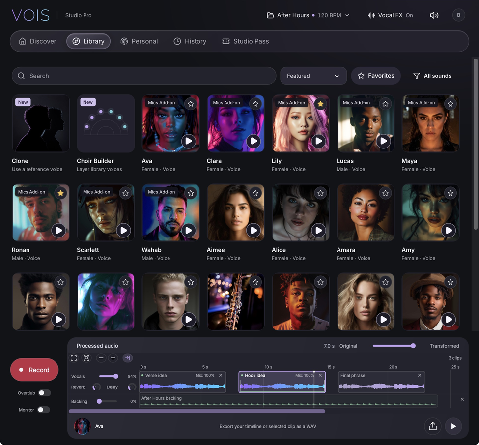 VOIS standalone interface with Clone and Choir Builder in the voice library, processed vocal clips and a backing track in the After Hours session